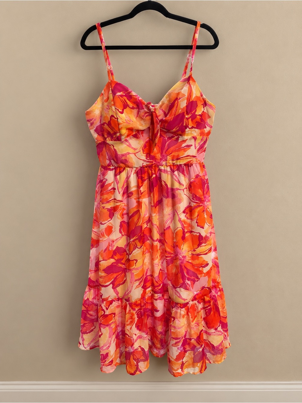 AUW Pink & Orange Floral Midi Sundress with Tie Front